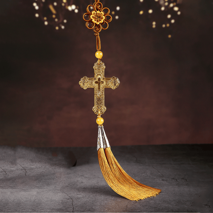 Christianartworkshop Ciondolo per auto in stile moderno, crocifisso artigianale, nappe di cristallo, ornamenti da appendere all'auto  - Nappe dorate - image 0