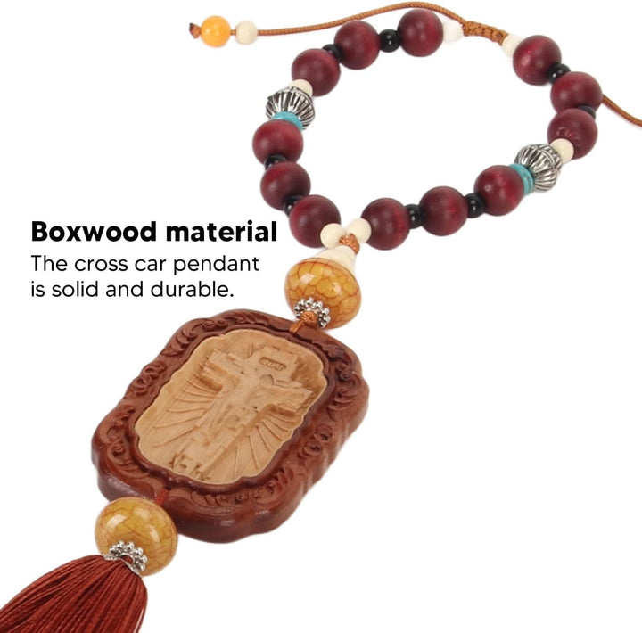 Christianartworkshop Ornamento da appendere allo specchietto retrovisore dell'auto con nappe in stile classico in legno di bosso con crocifisso - image 4