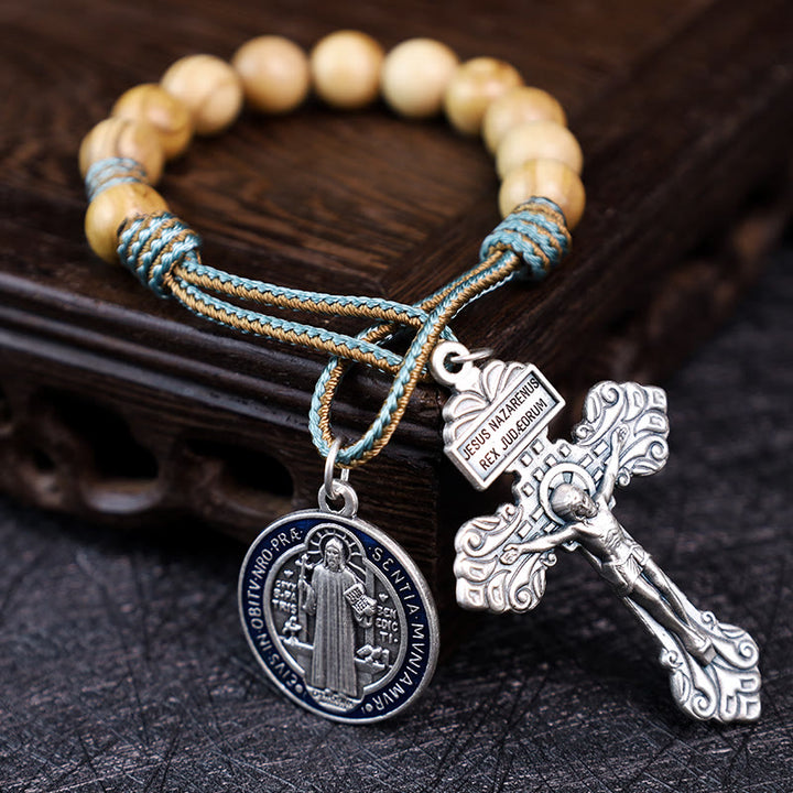 Rosario decina con medaglia di San Benedetto in legno d'ulivo Christianartworkshop - Cavo ciano e marrone - image 0