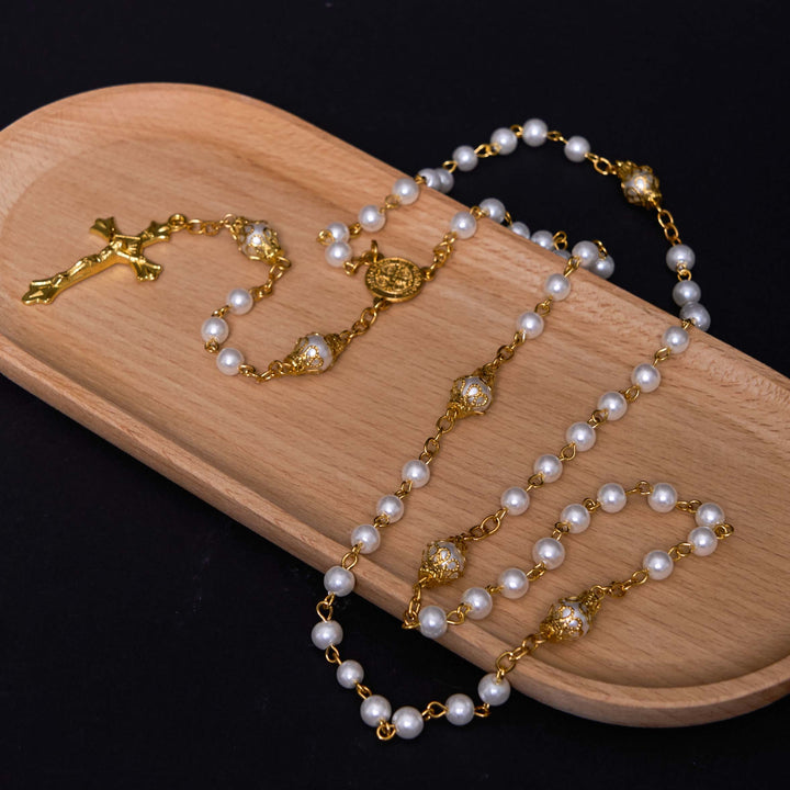 ChristianartworkshopMedaglia di San Benedetto e crocifisso con catena in lega di perle bianche rotonde da 6 mm Rosario - image 3