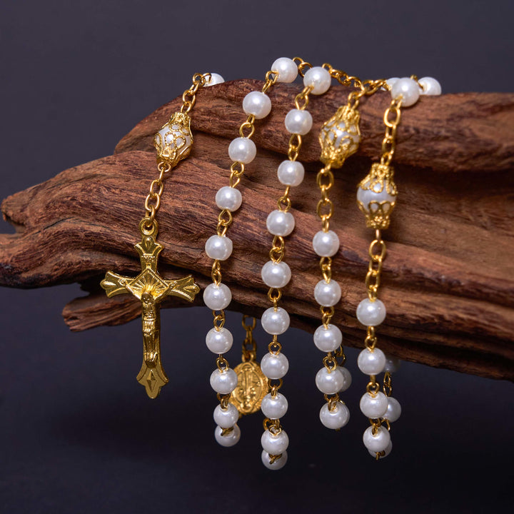 ChristianartworkshopMedaglia di San Benedetto e crocifisso con catena in lega di perle bianche rotonde da 6 mm Rosario - 🔥3 pezzi - image 0