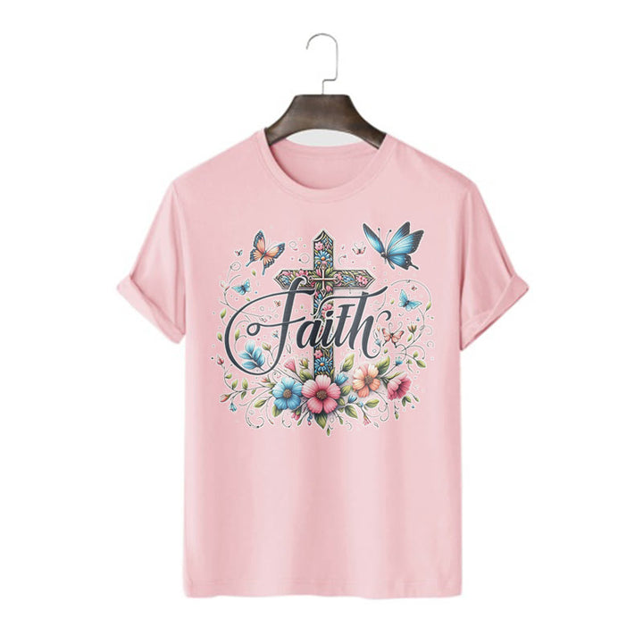 Christianartworkshop Maglietta a maniche corte con fiori e croci in stile bohémien - Rosa - 2XL - image 0