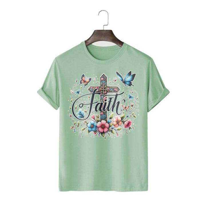 Christianartworkshop Maglietta a maniche corte con fiori e croci in stile bohémien - Verde chiaro - 2XL - image 13