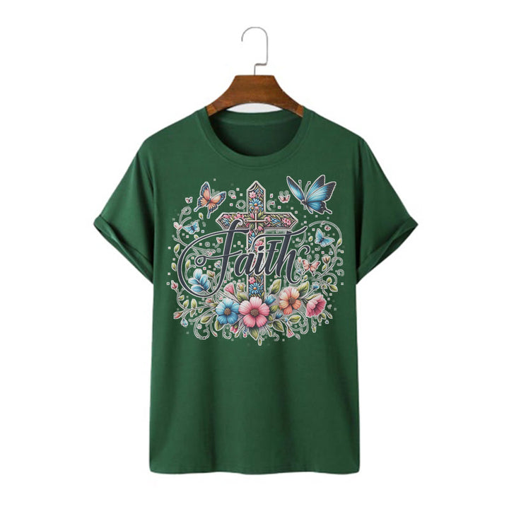 Christianartworkshop Maglietta a maniche corte con fiori e croci in stile bohémien - Verde scuro - 2XL - image 11