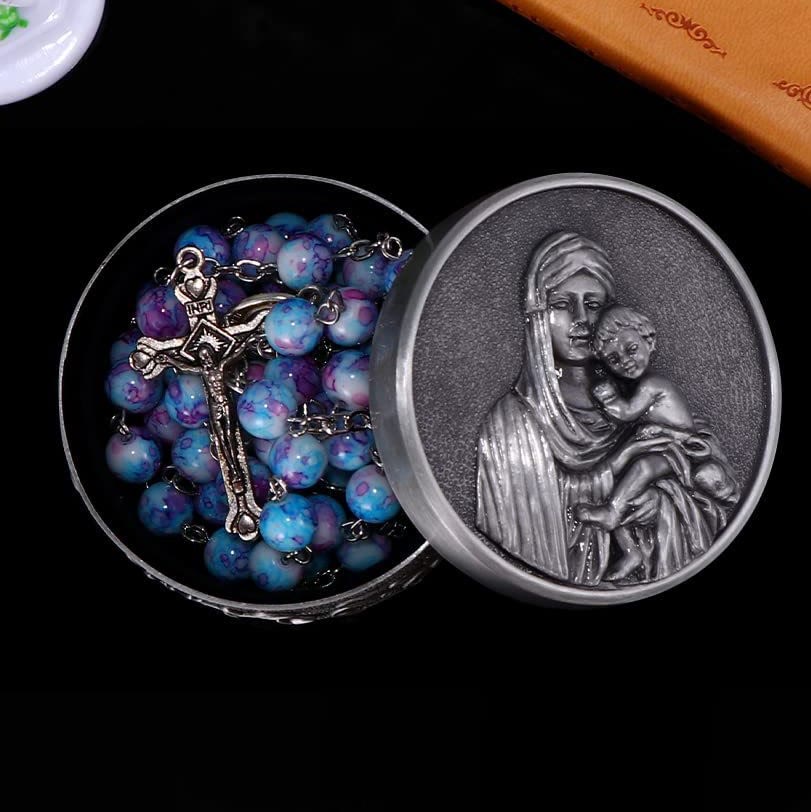 Christianartworkshop Madonna con Bambino e Crocifisso di Rosario in lega acrilica multicolore rotonda da 8 mm - Tono blu viola - image 0