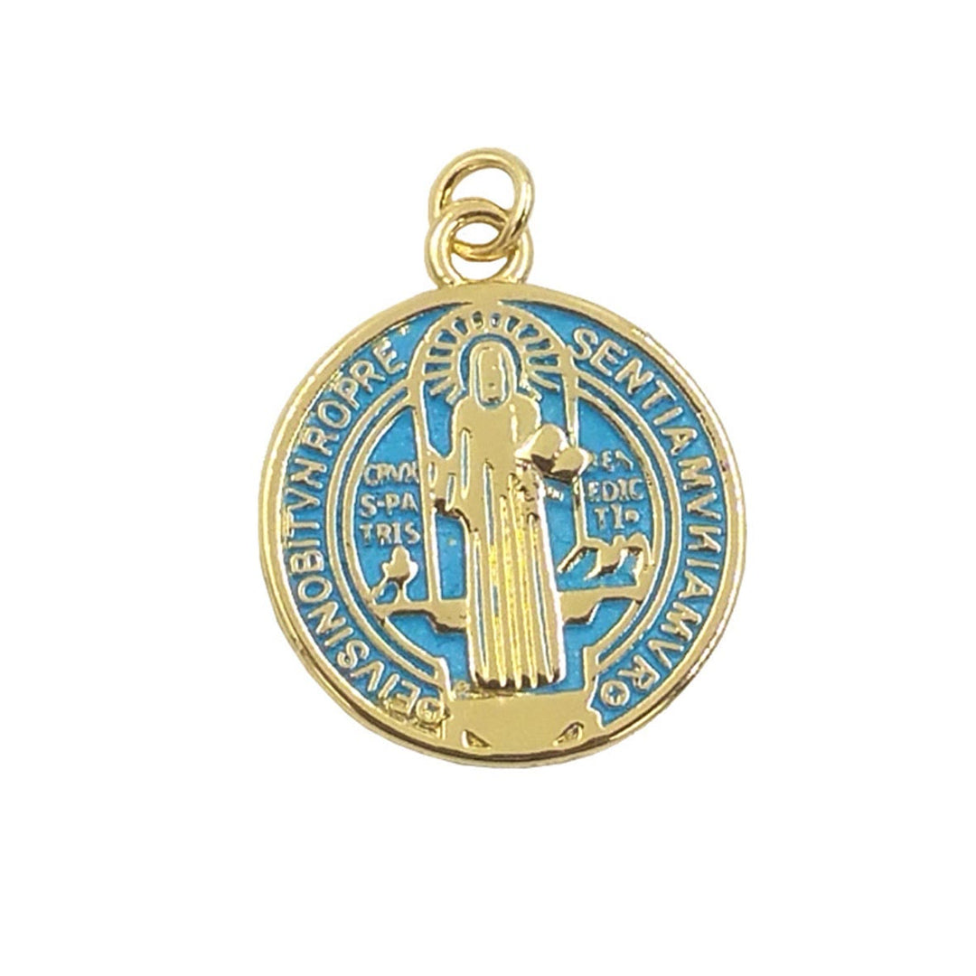 Christianartworkshop Collana con pendente in ottone placcato oro di San Benedetto in stile raffinato - Blu - image 5