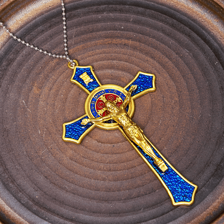 Collana con ciondolo di grandi dimensioni con crocifisso artigianale rosso/blu in stile classico Christianartworkshop (5 colori) - Blu - Catena di perline - image 0