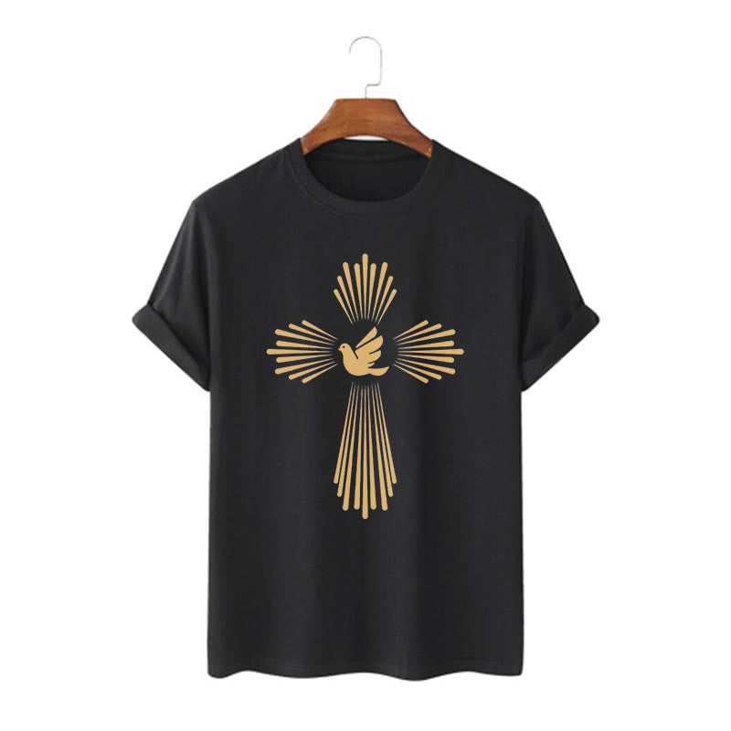 Christianartworkshop Maglietta a maniche corte con croce dorata e colomba dello Spirito Santo in stile minimalista - Nero - 2XL - image 0