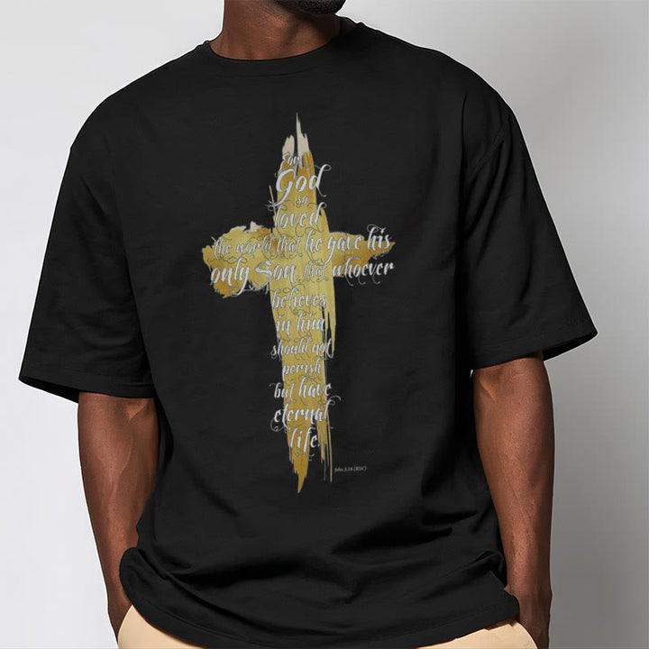 Christianartworkshop Citazione Stile Croce Dorata Scrittura - Maglietta a maniche corte Giovanni 3:16 - image 4