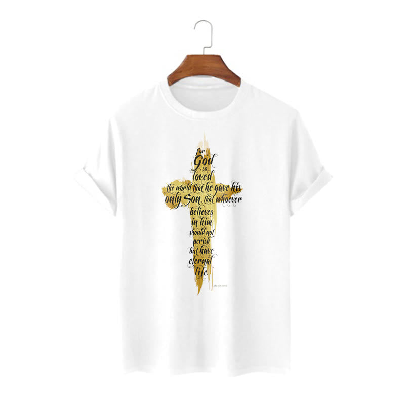 Christianartworkshop Citazione Stile Croce Dorata Scrittura - Maglietta a maniche corte Giovanni 3:16 - Bianco - 2XL - image 0