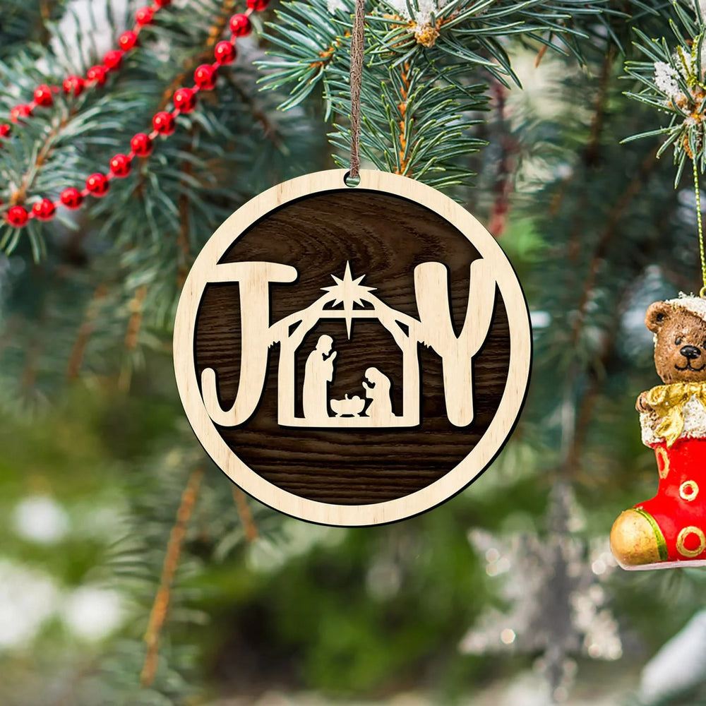 Christianartworkshop Presepe in legno in stile minimalista, ciondolo Joy, ornamenti natalizi da appendere - image 1