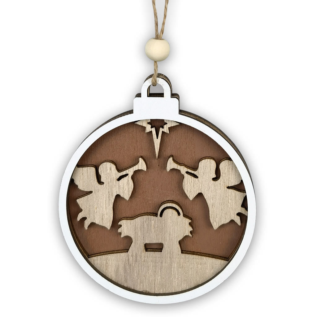 Christianartworkshop Ciondolo per presepe in legno a strati in stile minimalista con figure angeliche, ornamenti da appendere per la natività di Natale - Presepe - image 0