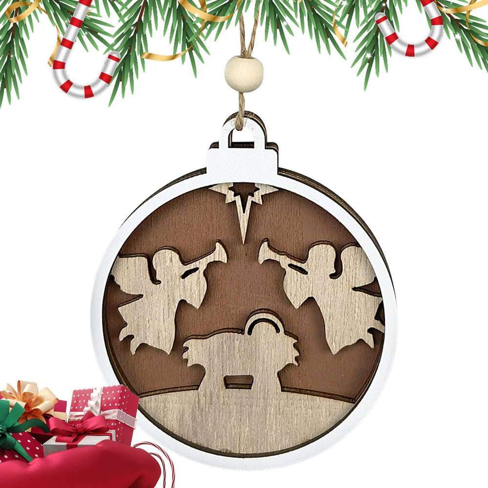 Christianartworkshop Ciondolo per presepe in legno a strati in stile minimalista con figure angeliche, ornamenti da appendere per la natività di Natale - image 1