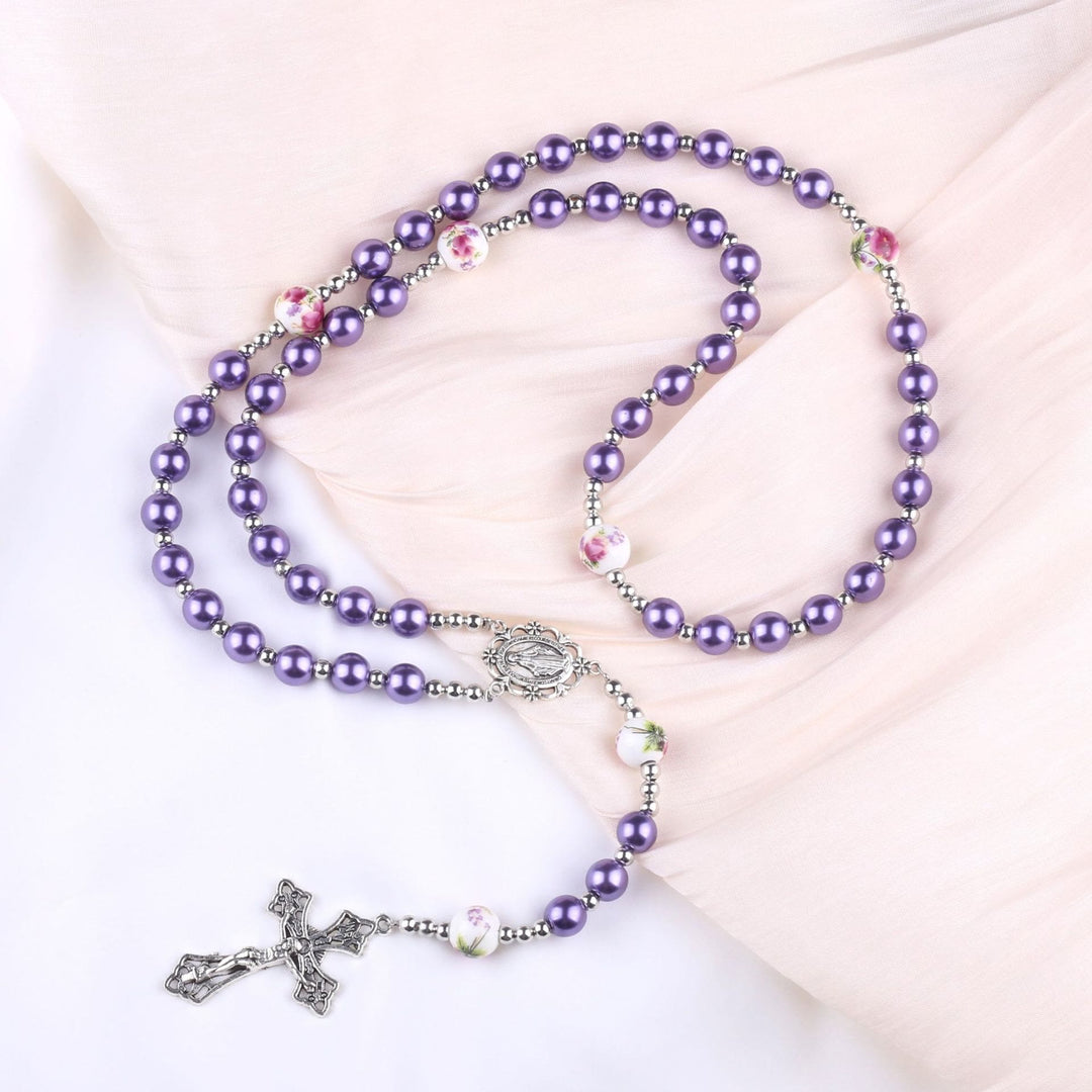 Christianartworkshop Medaglia Miracolosa e Crocifisso di Rosario in Cordino di Nylon con Perle Multicolori Rotonde da 8 mm - Viola - image 0