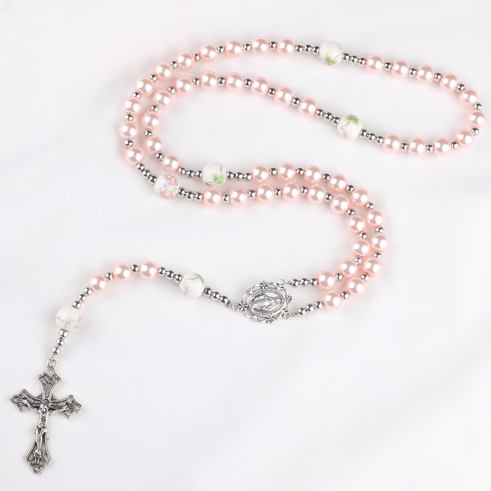 Christianartworkshop Medaglia Miracolosa e Crocifisso di Rosario in Cordino di Nylon con Perle Multicolori Rotonde da 8 mm - Rosa - image 1