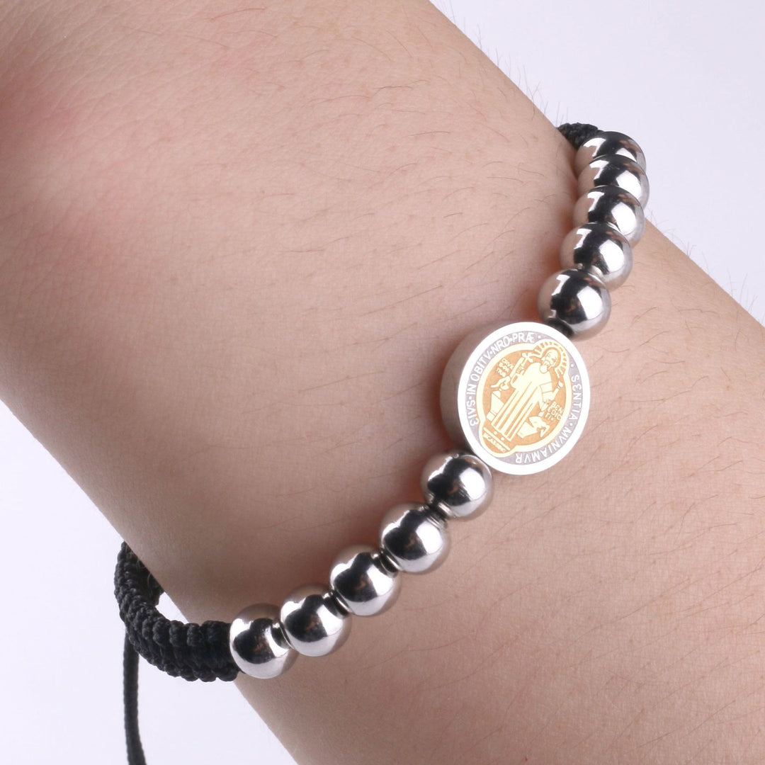 Braccialetto in cordino di nylon regolabile con perline in acciaio inossidabile e medaglia di San Benedetto in stile minimalista Christianartworkshop - Cavo nero - image 0