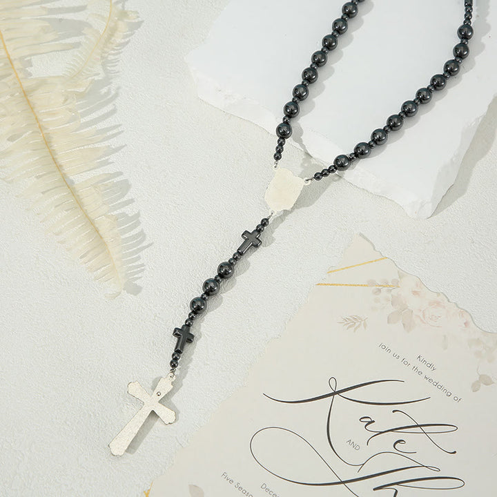 Rosario in cordino di nylon con pietra biliare nera rotonda da 8 mm con Sacra Famiglia e Crocifisso Christianartworkshop - image 4