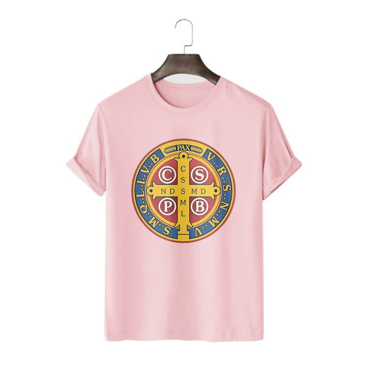 Christianartworkshop Maglietta a maniche corte con medaglia dorata di San Benedetto in stile classico - Rosa - 2XL - image 13