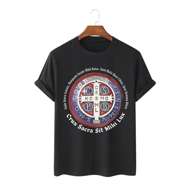 Christianartworkshop Maglietta a maniche corte con medaglia di San Benedetto in stile classico - Nero - 2XL - image 0