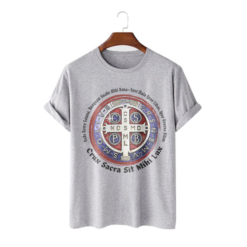 Christianartworkshop Maglietta a maniche corte con medaglia di San Benedetto in stile classico - Grigio - 2XL - image 18