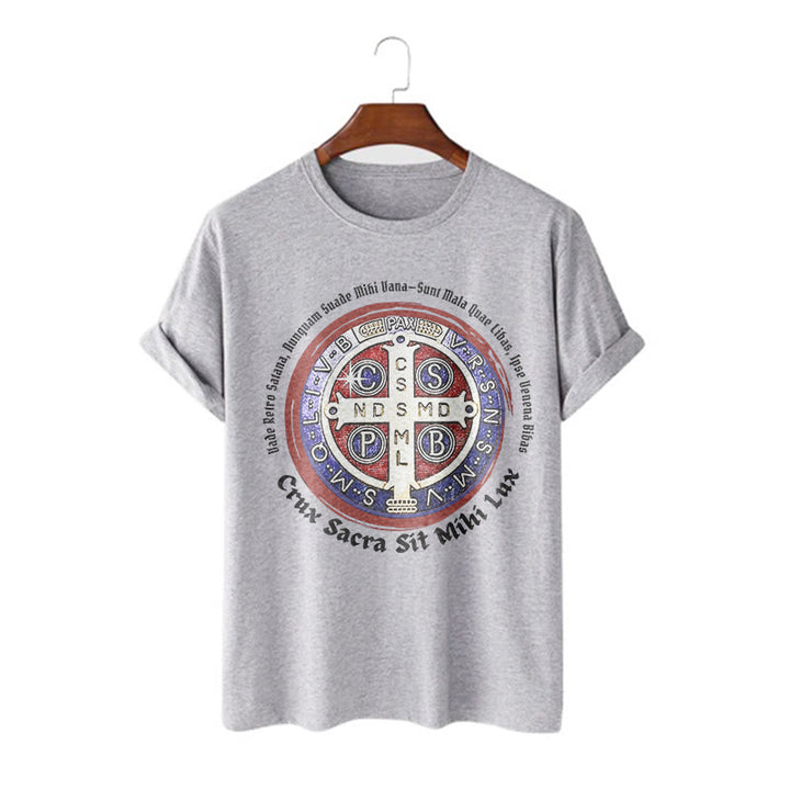 Christianartworkshop Maglietta a maniche corte con medaglia di San Benedetto in stile classico - Grigio - 2XL - image 18