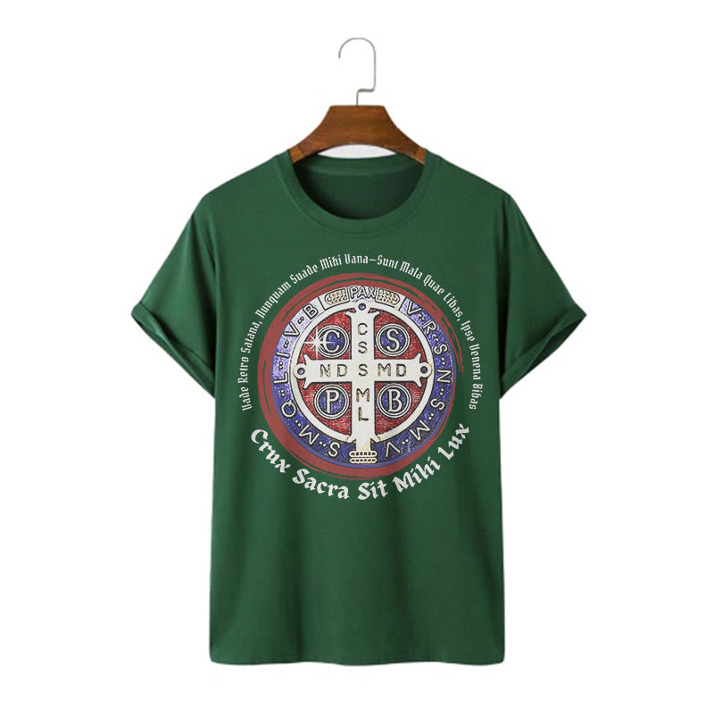 Christianartworkshop Maglietta a maniche corte con medaglia di San Benedetto in stile classico - Verde scuro - 2XL - image 9