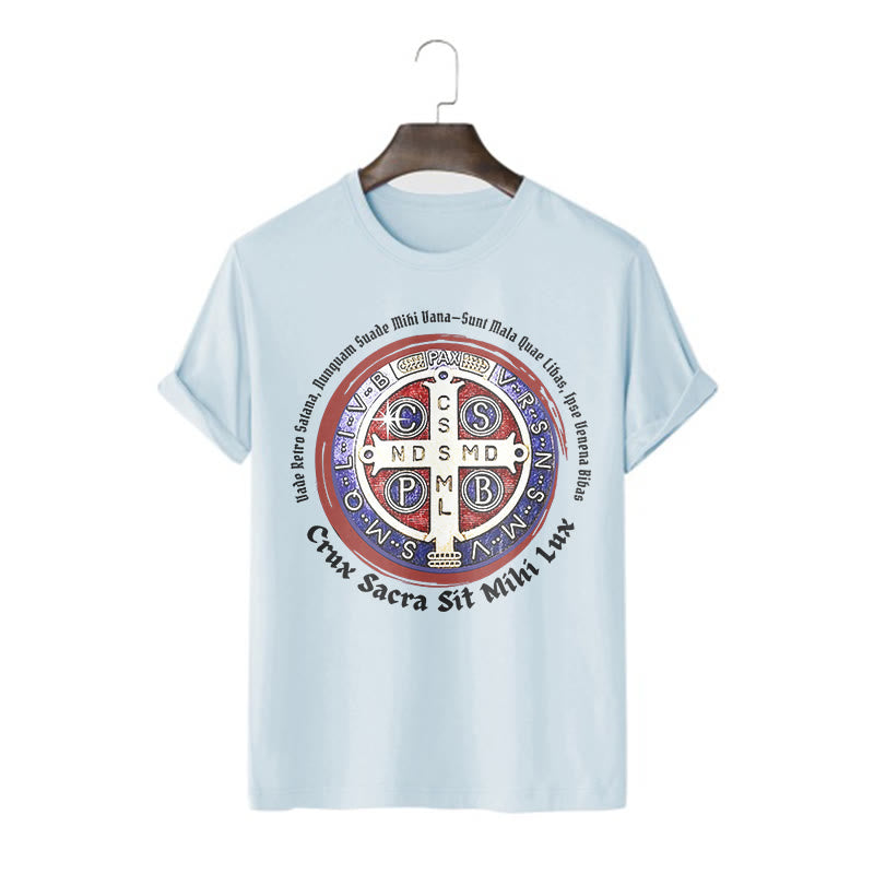 Christianartworkshop Maglietta a maniche corte con medaglia di San Benedetto in stile classico - Blu - 2XL - image 17