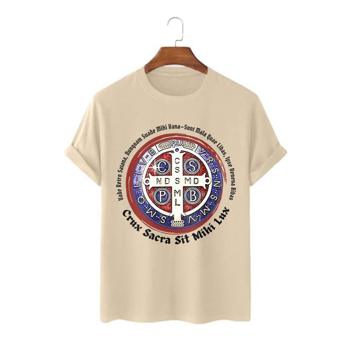 Christianartworkshop Maglietta a maniche corte con medaglia di San Benedetto in stile classico - Cachi - 2XL - image 7