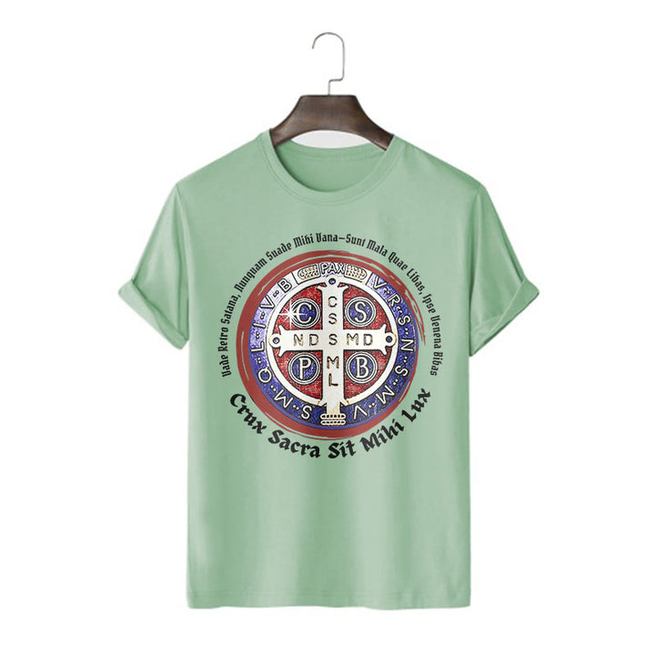 Christianartworkshop Maglietta a maniche corte con medaglia di San Benedetto in stile classico - Verde chiaro - 2XL - image 11