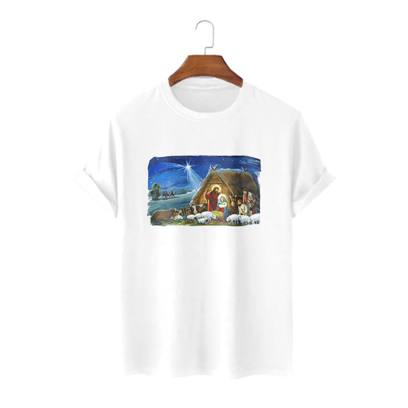 Christianartworkshop Maglietta a maniche corte con scena della Natività della Stella di Betlemme in stile colorato - Bianco - 2XL - image 0