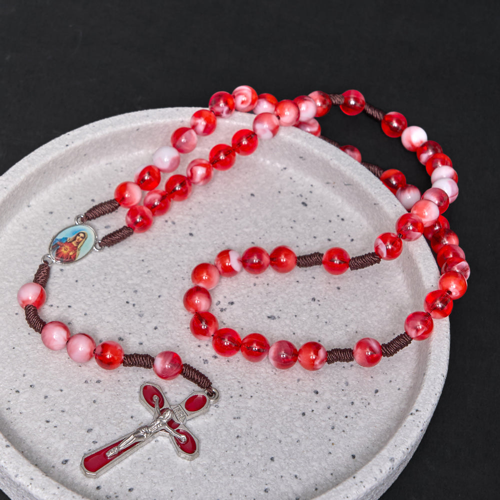 Christianartworkshop Rosario con cordino in nylon acrilico rosso rotondo da 10 mm con Cuore Immacolato di Maria e Crocifisso - image 1