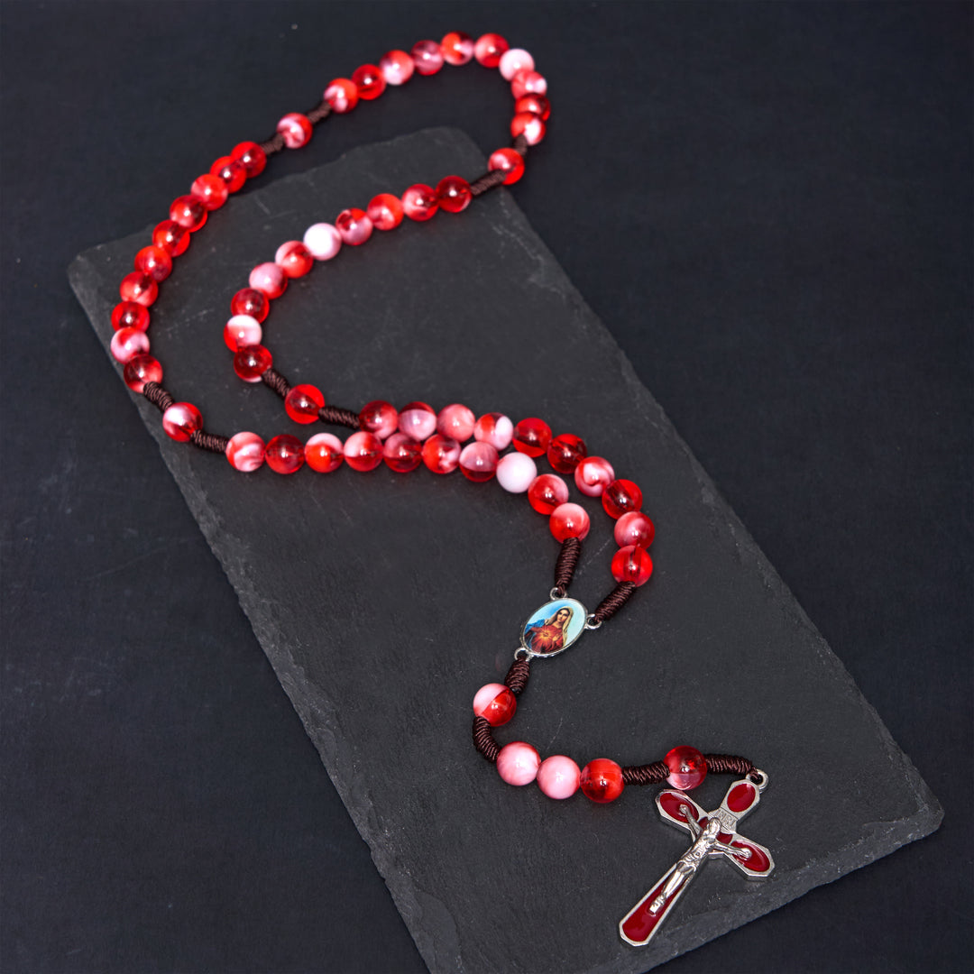 Christianartworkshop Rosario con cordino in nylon acrilico rosso rotondo da 10 mm con Cuore Immacolato di Maria e Crocifisso - Rosso - image 0