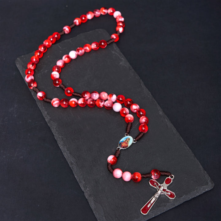 Christianartworkshop Rosario con cordino in nylon acrilico rosso rotondo da 10 mm con Cuore Immacolato di Maria e Crocifisso - Rosso - image 0