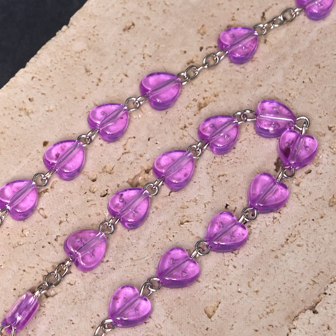 Christianartworkshop Rosario con catena in lega acrilica viola a forma di cuore da 8 mm, raffigurante la Madonna del Rosario e il Crocifisso - image 5