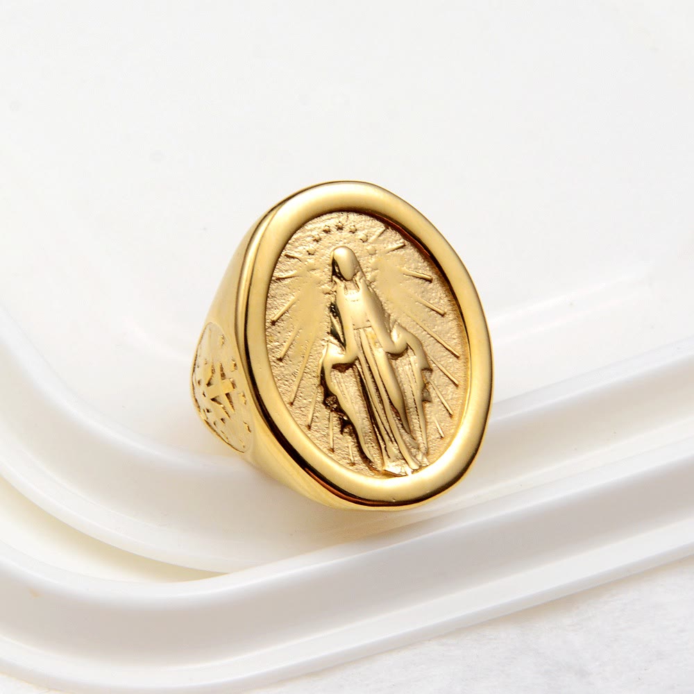 Anello di collegamento alla fede con medaglia miracolosa della Vergine Maria in stile minimalista classico Christianartworkshop - image 1