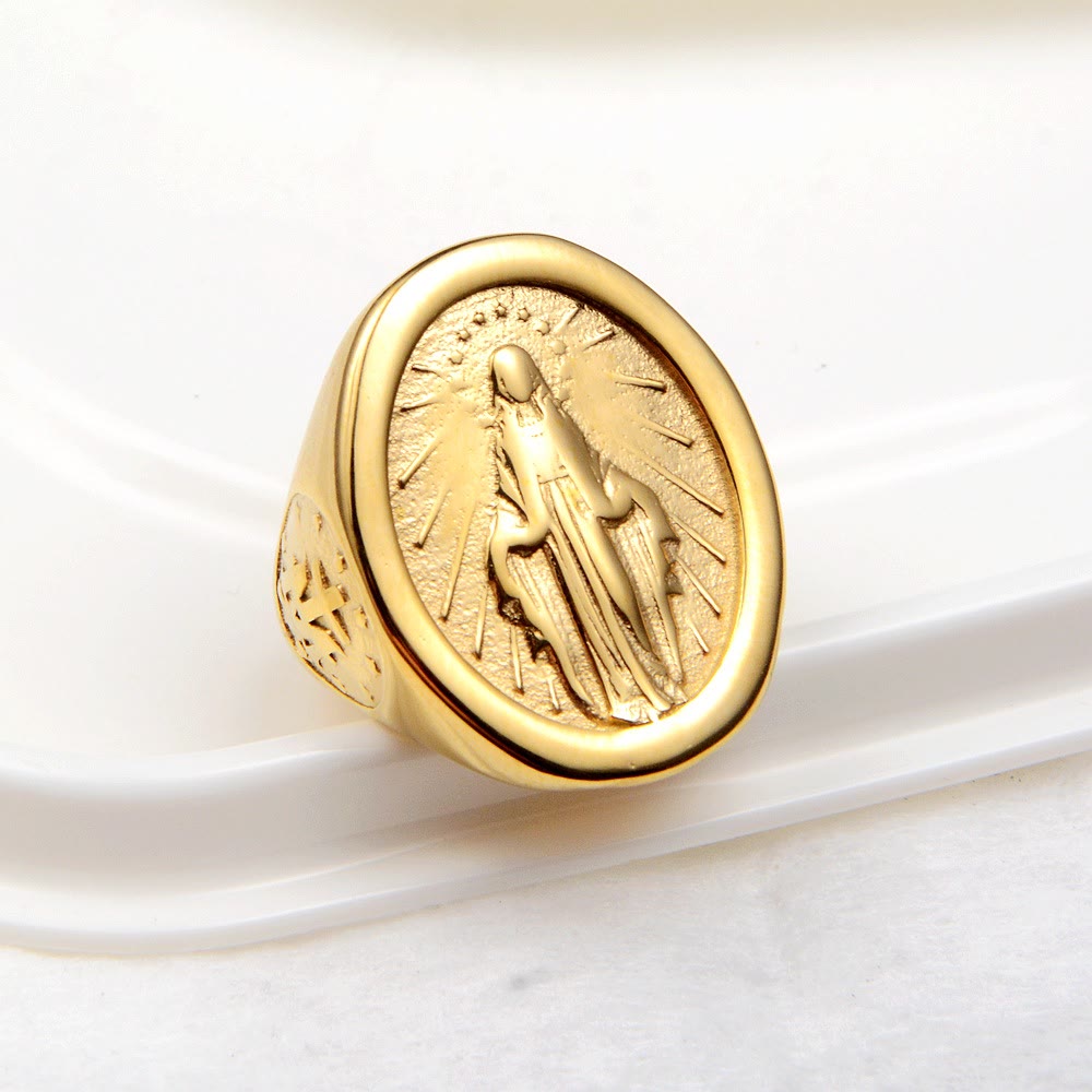 Anello di collegamento alla fede con medaglia miracolosa della Vergine Maria in stile minimalista classico Christianartworkshop - image 0