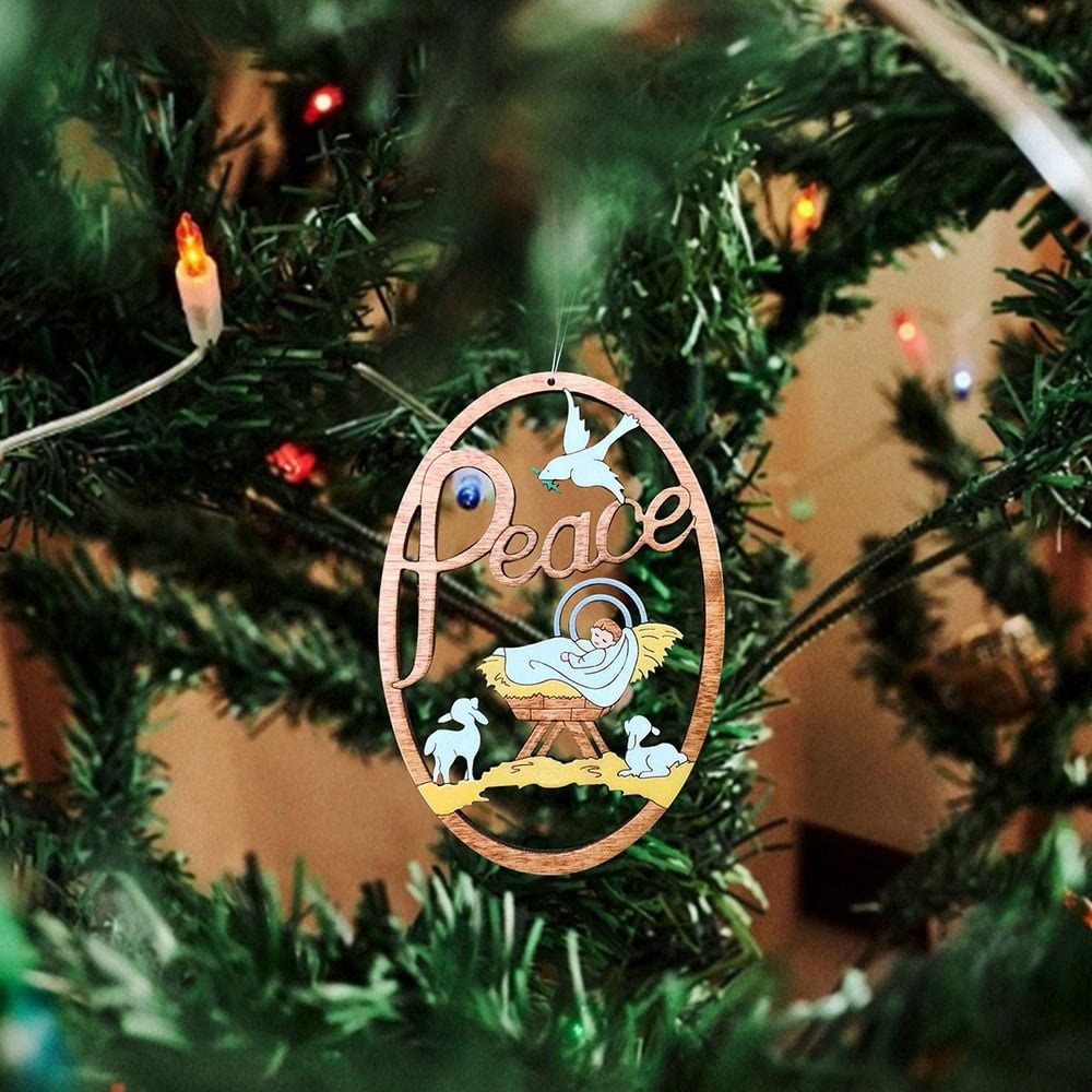 Christianartworkshop Stile rustico colorato Scena della Natività della Pace Ornamenti natalizi ovali da appendere - image 1