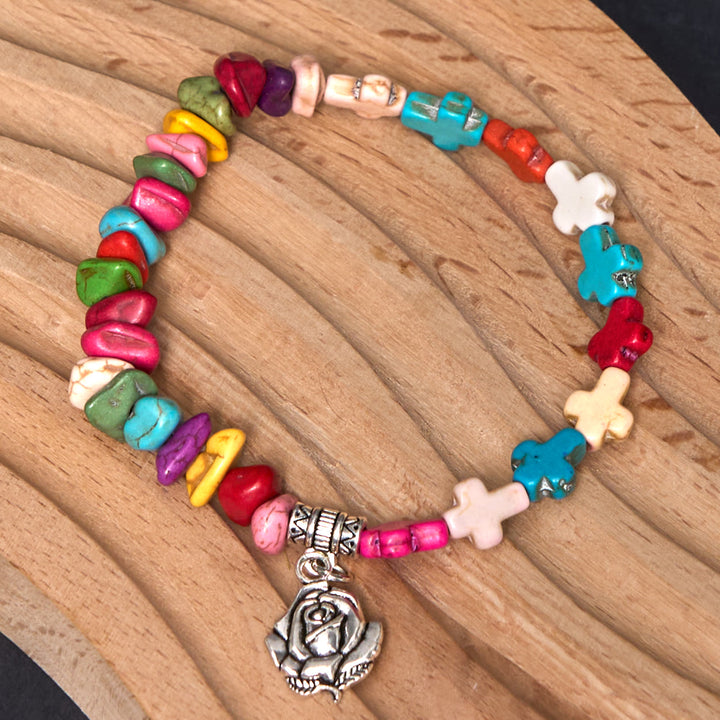 Bracciale turchese con rosa e croce della Vergine Maria in stile bohémien colorato Christianartworkshop - image 2