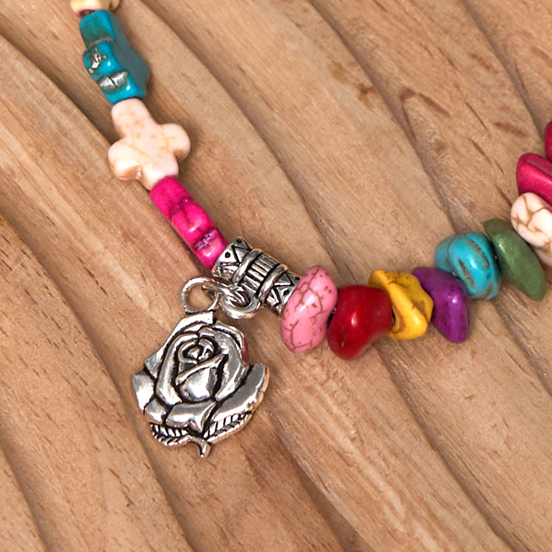 Bracciale turchese con rosa e croce della Vergine Maria in stile bohémien colorato Christianartworkshop - image 3