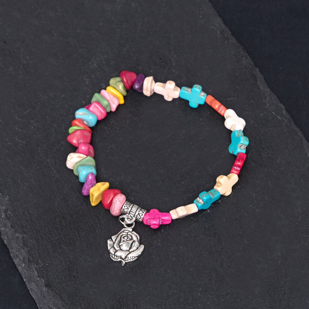 Bracciale turchese con rosa e croce della Vergine Maria in stile bohémien colorato Christianartworkshop - Multicolore - image 0