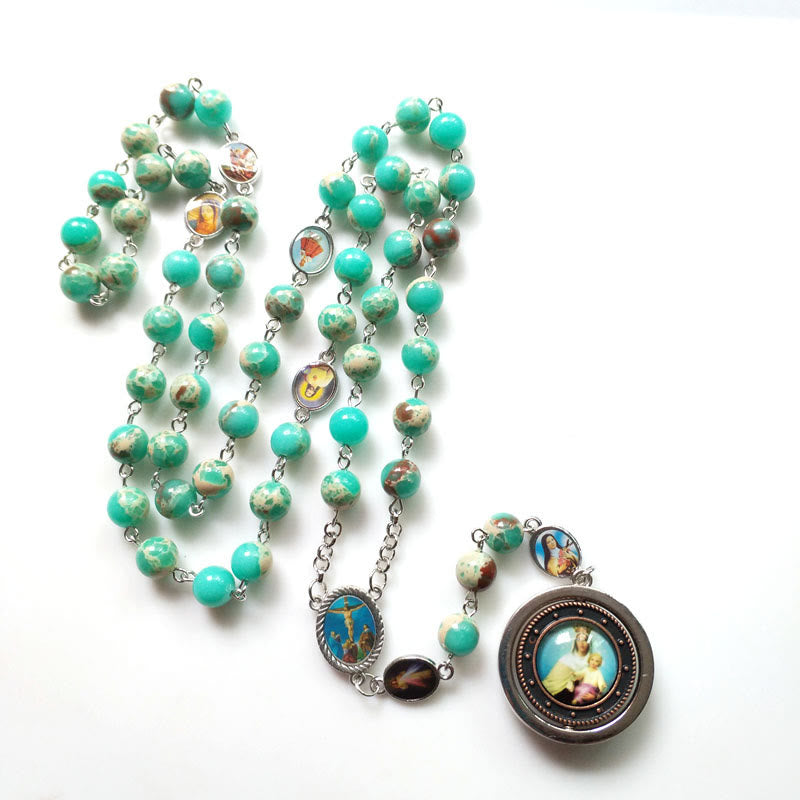 Christianartworkshop Crocifisso e Madonna con Bambino in lega di pietra di serpente verde rotonda da 8 mm Rosario - image 2