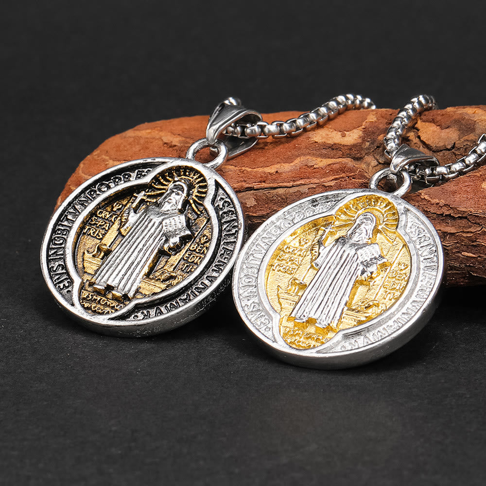 Christianartworkshop Collana con ciondolo di protezione sacra di San Benedetto, realizzata in stile retrò classico - Argento e oro - image 0