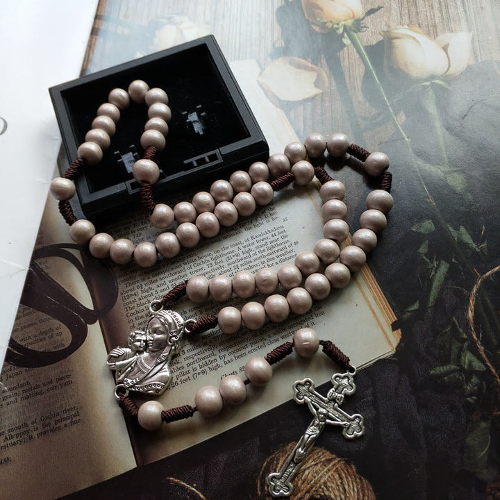 Christianartworkshop Madonna con Bambino e Crocifisso di Rosario rotondo in legno marrone con cordino in nylon da 10 mm - image 3