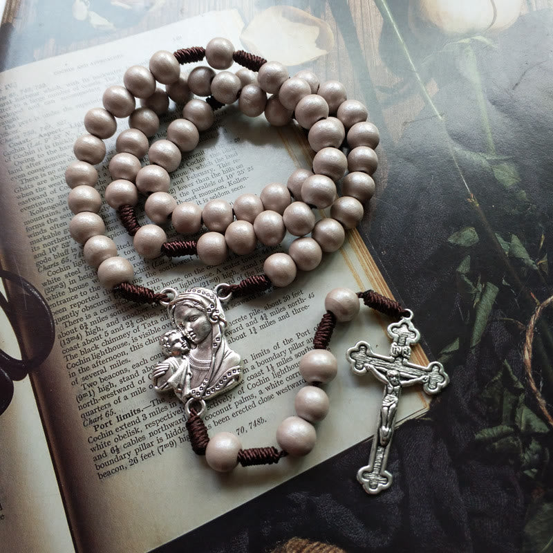 Christianartworkshop Madonna con Bambino e Crocifisso di Rosario rotondo in legno marrone con cordino in nylon da 10 mm - image 4