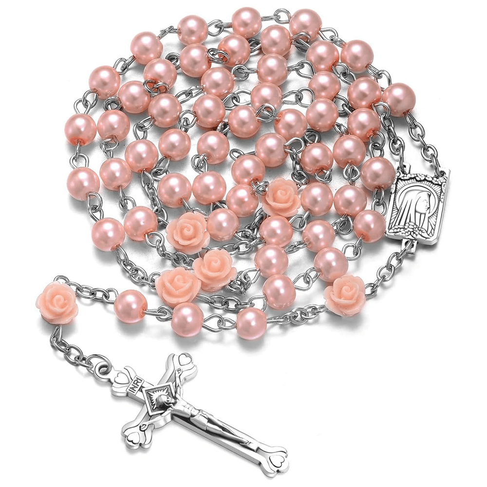 Christianartworkshop Rosario con catena in lega di perle multicolori rotonde da 6 mm, raffigurante la Madonna di profilo e crocifisso (8 colori) - Rosa - image 0