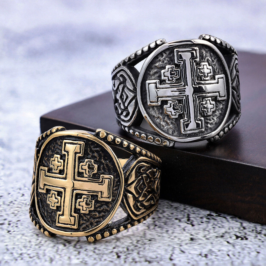 Christianartworkshop Anello in lega con simbolo della croce di Gerusalemme in stile classico e artigianato antico - image 1