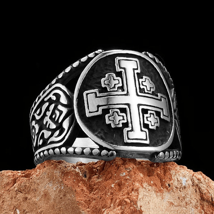 Christianartworkshop Anello in lega con simbolo della croce di Gerusalemme in stile classico e artigianato antico - Argento - US 15 - image 0