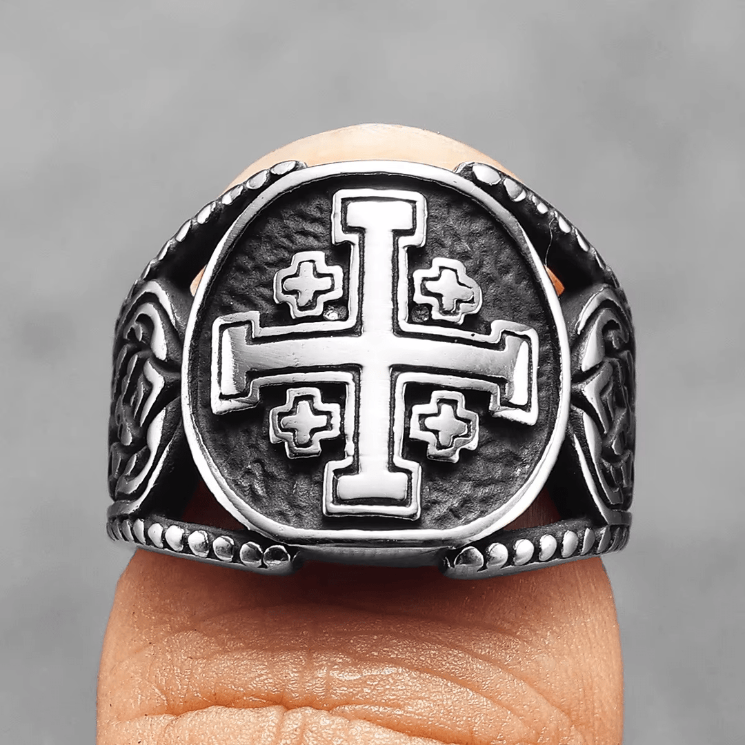 Christianartworkshop Anello in lega con simbolo della croce di Gerusalemme in stile classico e artigianato antico - image 3