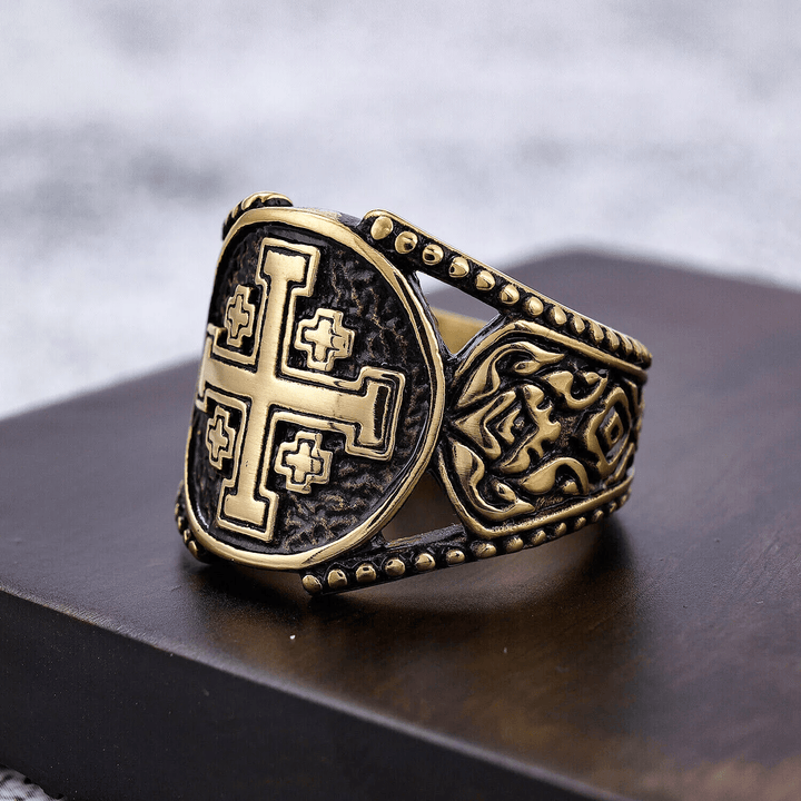 Christianartworkshop Anello in lega con simbolo della croce di Gerusalemme in stile classico e artigianato antico - D'oro - US 15 - image 5