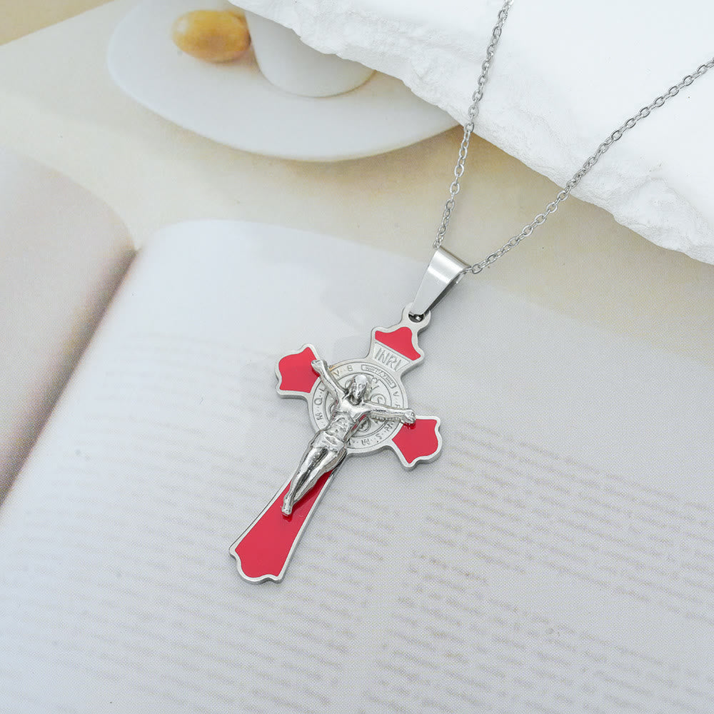 Collana con ciondolo di protezione con medaglia di San Benedetto, crocifisso multicolore, stile classico moderno Christianartworkshop (8 colori) - Tono argento-ROSSO - image 1